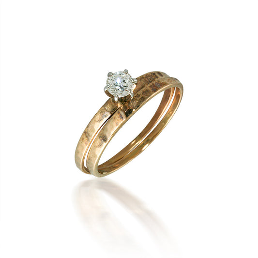 Thin Diamond Solitaire Bridal Set with Hammered Finish