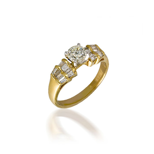 Round Engagement Ring with Fanned Baguette Detail