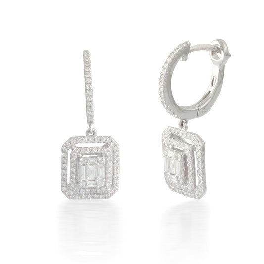 Grooved Baguette and Round Diamond Earrings