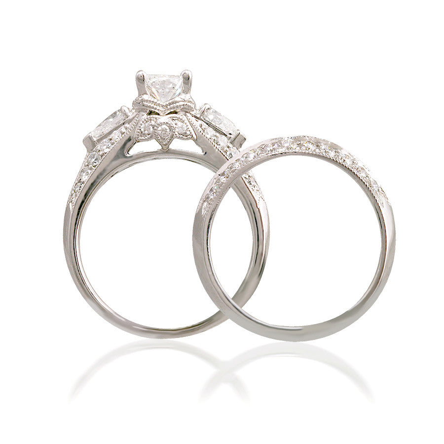 Vintage-Style Three Stone and Pave Bridal Set