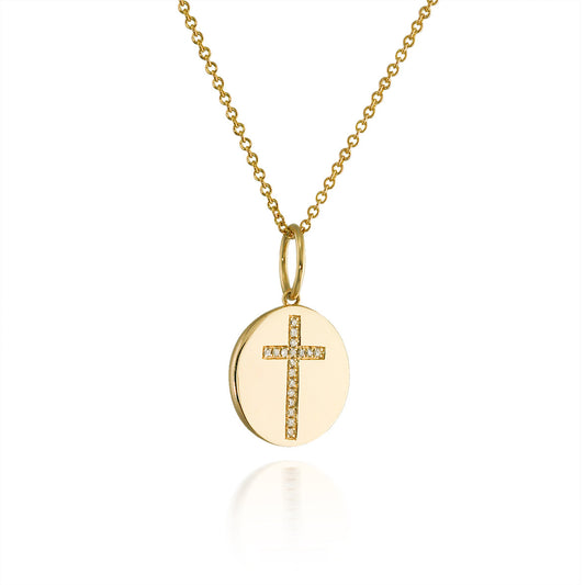 Yellow Gold Disc Diamond Cross Pendant