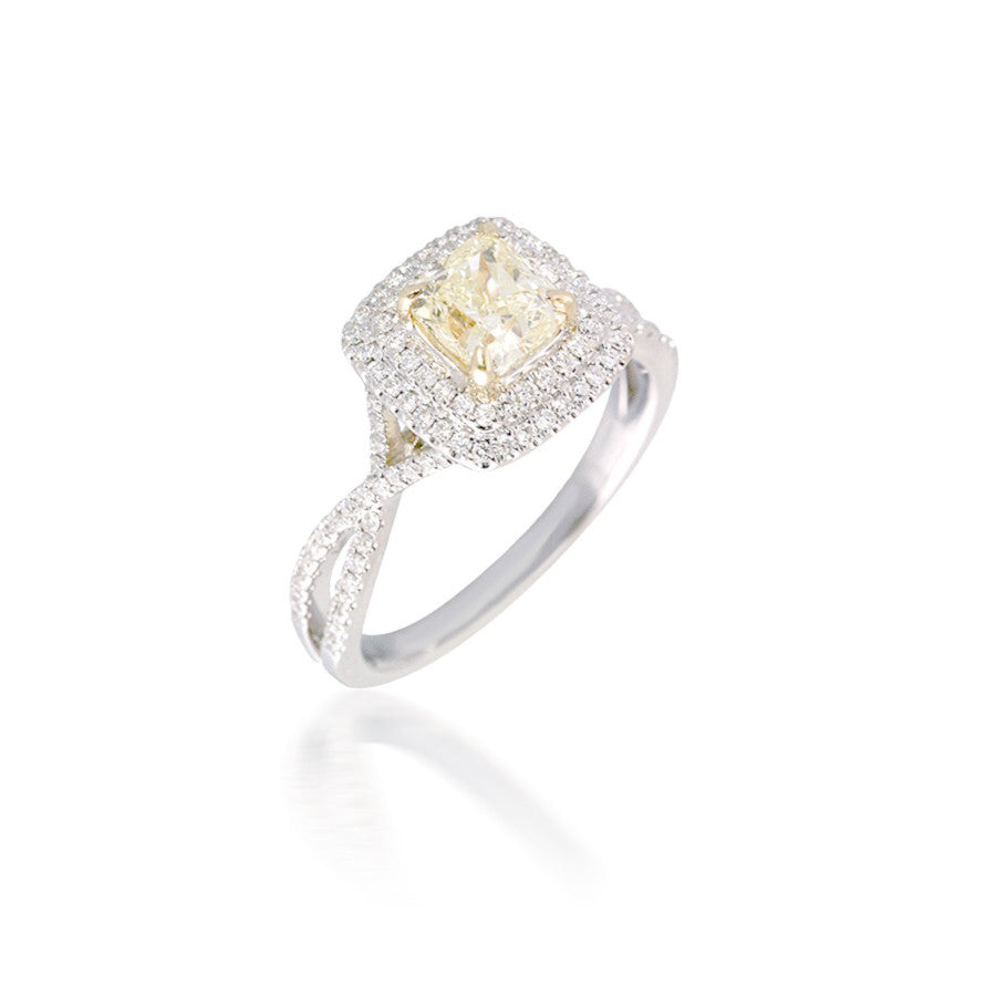 Double Cushion Halo Engagement Ring with Yellow Diamond