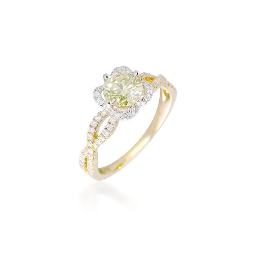 Two Tone Twisted band Engagement Ring with Green Diamond