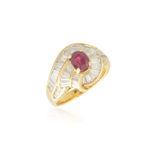 Ruby and Baguette Diamond Halo Ring