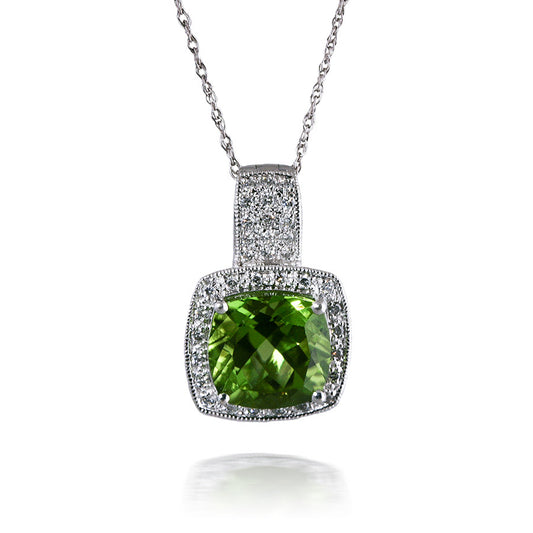 Dazzling Cushion Peridot and Diamond Pendant