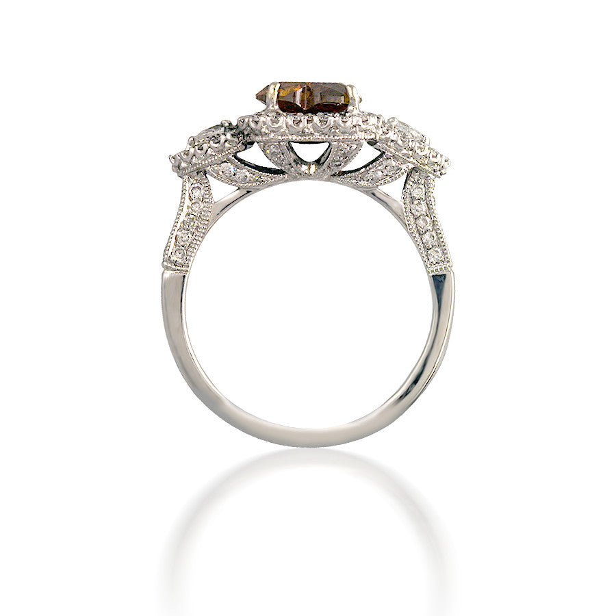 Three Stone Brown Heart Diamond Engagement Ring