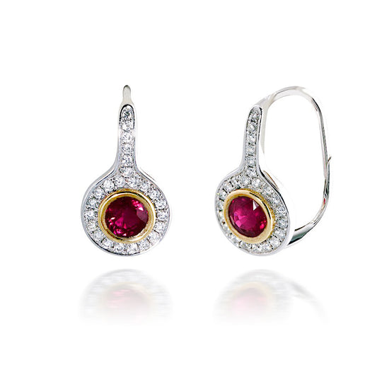 Two Tone Halo Diamond and Ruby Earrings