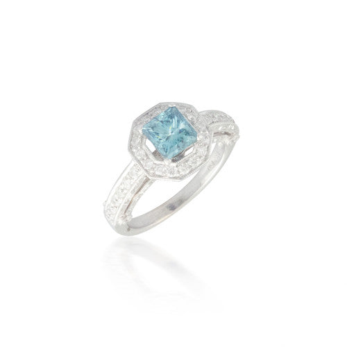 Hexagon Halo Engagement Ring with Blue Diamond