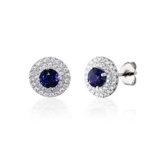 Double Diamond Halo and Sapphire Earrings