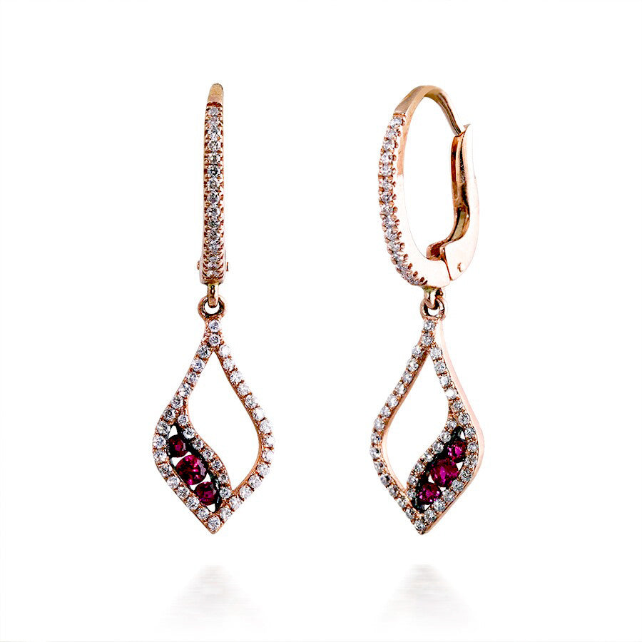 Ruby and Diamond Leaf Dangle Earrings