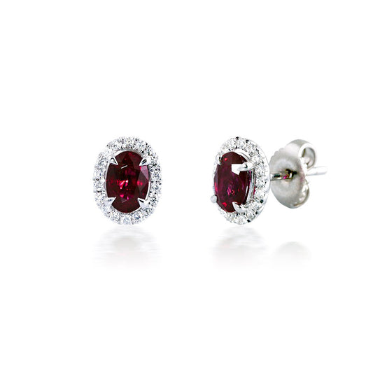 Oval Halo Diamond and Ruby Earrings