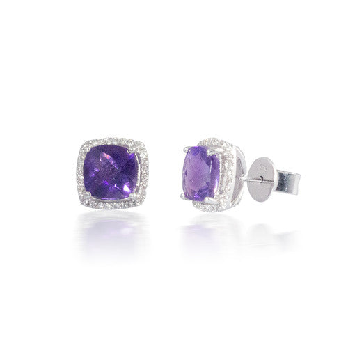 Cushion Halo Diamond and Amethyst Earrings