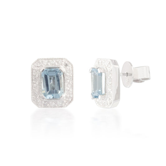 Emerald-cut Halo Diamond and Aquamarine Earrings