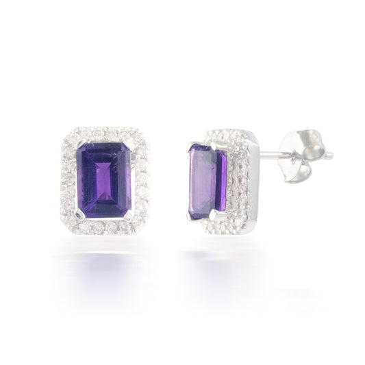 Emerald-cut Halo Diamond and Amethyst Earrings