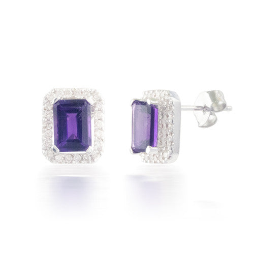 Emerald-cut Halo Diamond and Amethyst Earrings