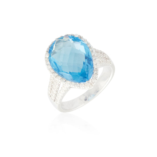 Pear-Shaped Blue Topaz Ring with Halo