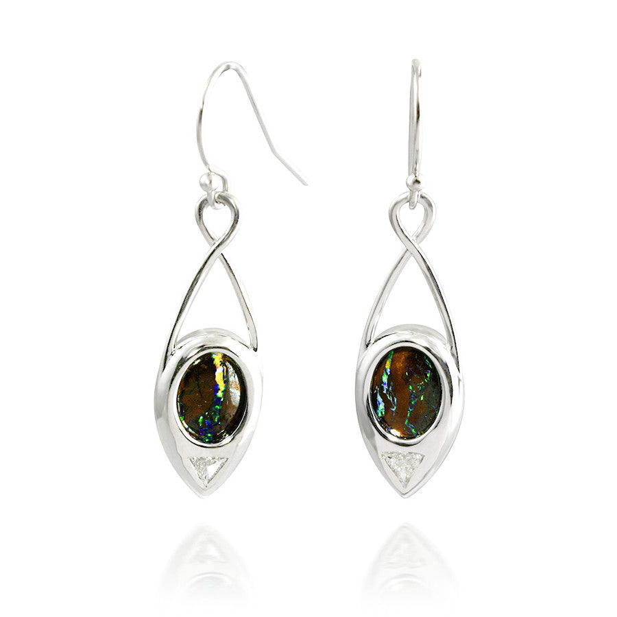 Inverted Boulder Opal and Trillion Cut Diamond Teardrop Earrings