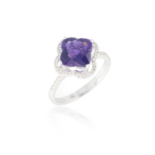 Clover Amethyst Ring with Diamond Halo