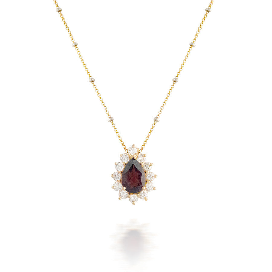 Garnet and Flower Diamond Halo Pendant