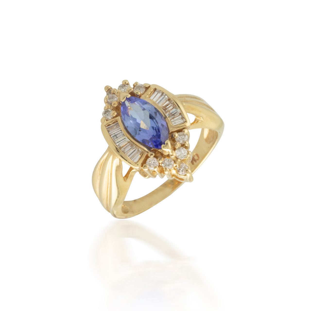 Tanzanite Ring with Baguette and Round Diamond Halo