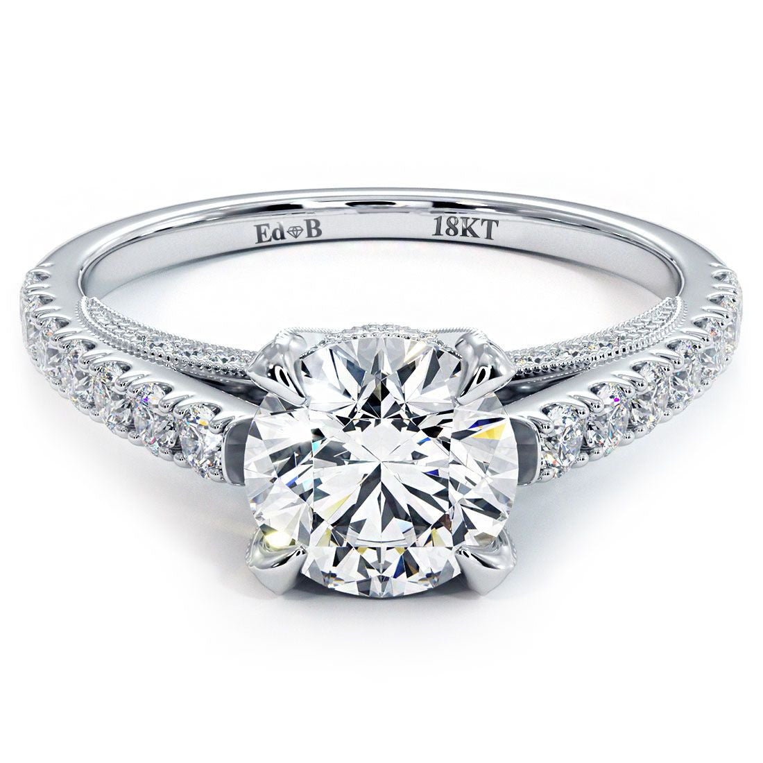 Round Center Micropave Milgrain Prongs Diamond Engagement Ring Setting