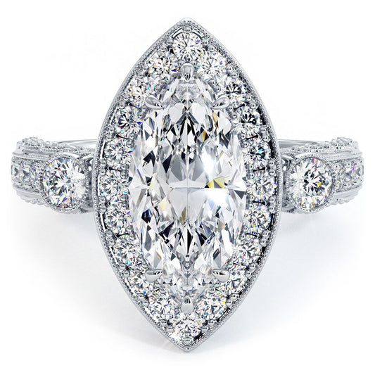 Marquise Halo Milgrain Filigree Vintage Diamond Engagement Ring Setting