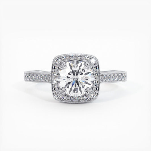 Cushion Halo With Round Center, Micropave Milgrain Diamond Engagement Ring Setting