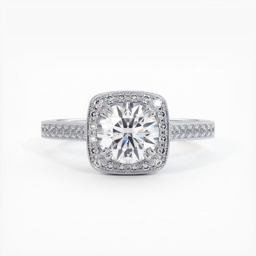 Cushion Halo With Round Center, Micropave Milgrain Diamond Engagement Ring Setting