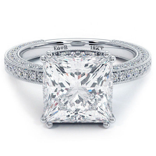 Asscher Cut Double Prongs 3 Sided Micropave Shank Diamond Engagement Ring Setting With Milgrain