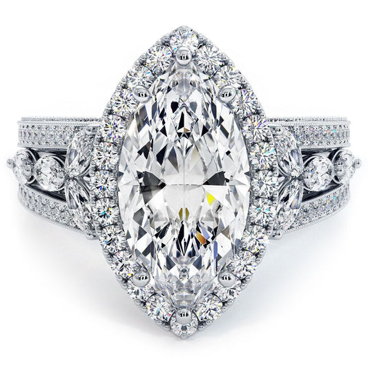 Marquise Halo Micropave Vintage Style Milgrain Diamond Engagement Ring Setting