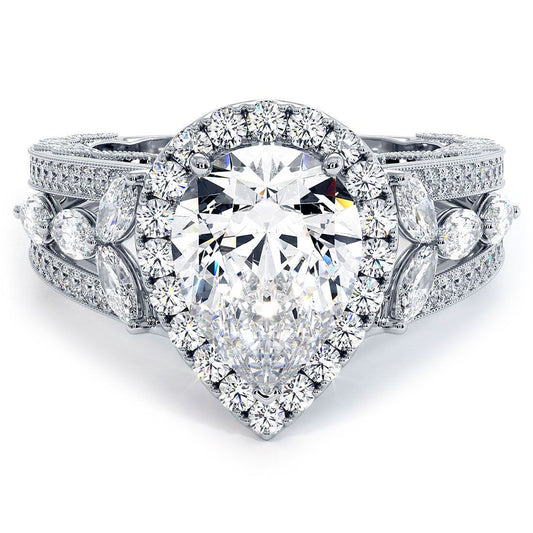 Pear Shape Halo Micropave Vintage Style Milgrain Diamond Engagement Ring Setting