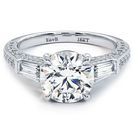 Round Center & Side Tapered Baguettes Three Stone Micropave Diamond Engagement Ring Setting