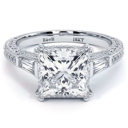 Princess Cut Center With Double Prongs & Side Tapered Baguettes Three Stone Micropave Diamond Engagement Ring Setting