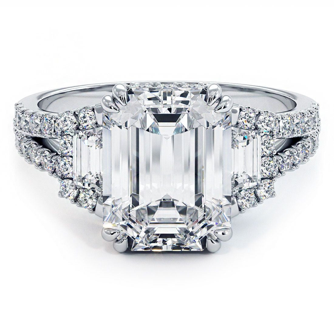 Emerald Cut Center, Double Prongs, Three Stone Split Shank Diamond Engagement Ring Setting