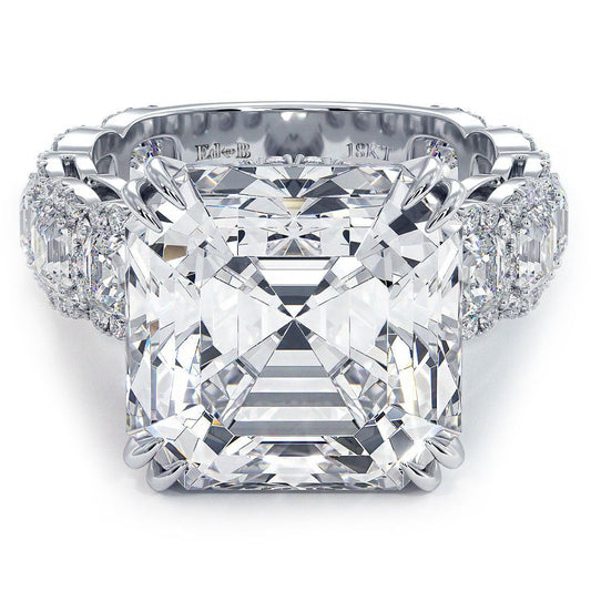 Asscher Cut Center, Double Prongs, Diamond Engagement Ring Setting With Side Round And Asscher Cut Diamonds