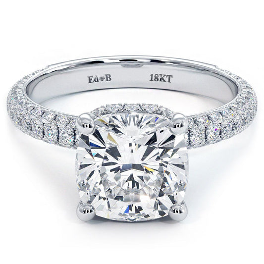 Cushion Cut Hidden Halo 3 Sided Micropave Diamond Engagement Ring Setting