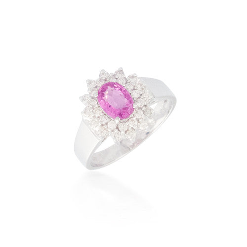 Round Pink Sapphire and Diamond Flower Halo Ring