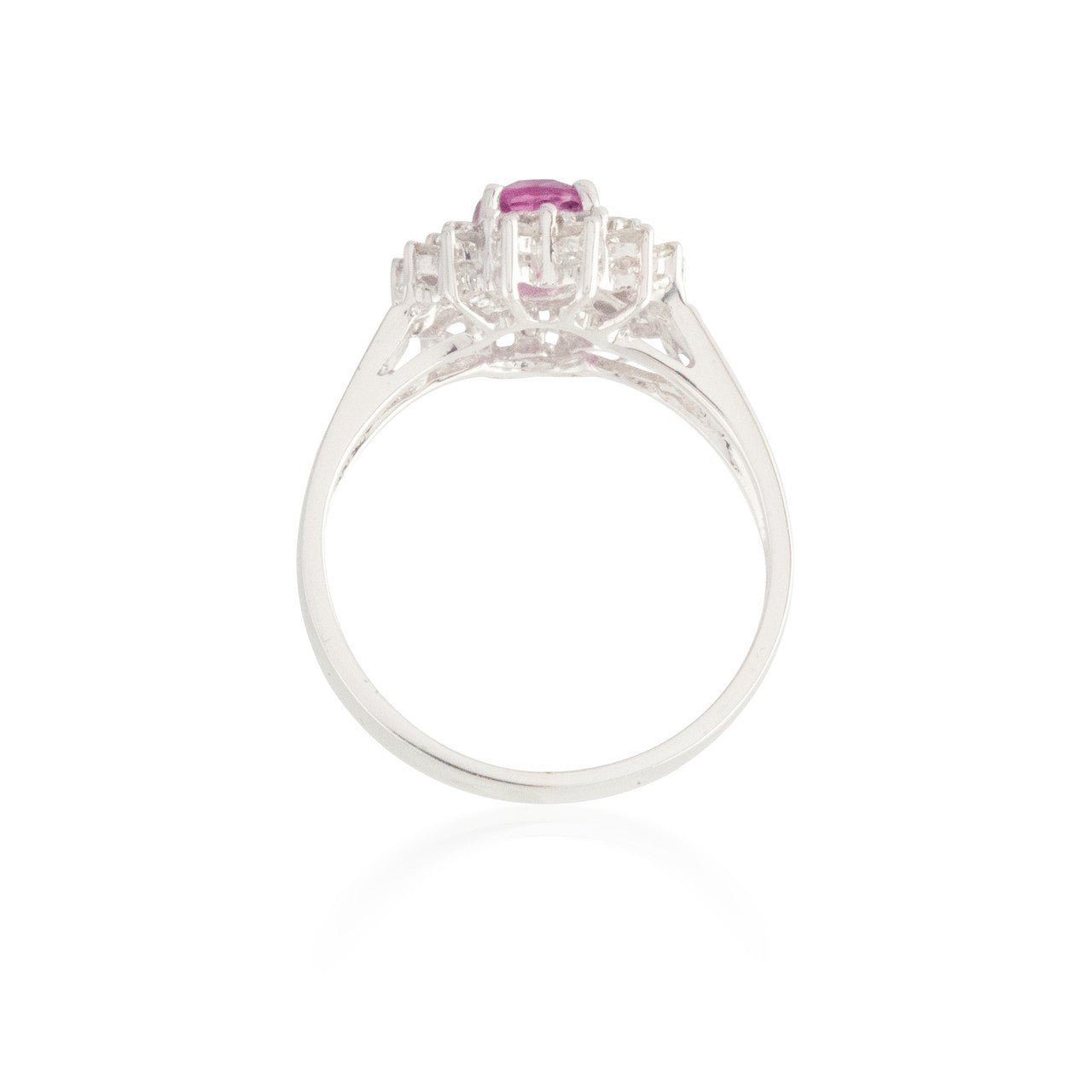 Round Pink Sapphire and Diamond Flower Halo Ring