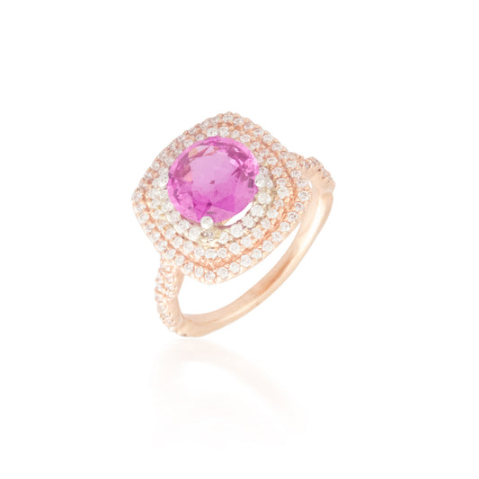 Pink Sapphire Ring with Triple Diamond Halo