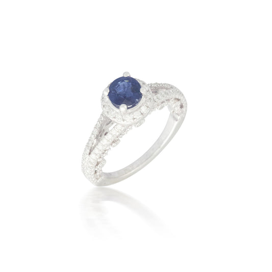 Vintage-style Round Sapphire Ring with Diamond Halo