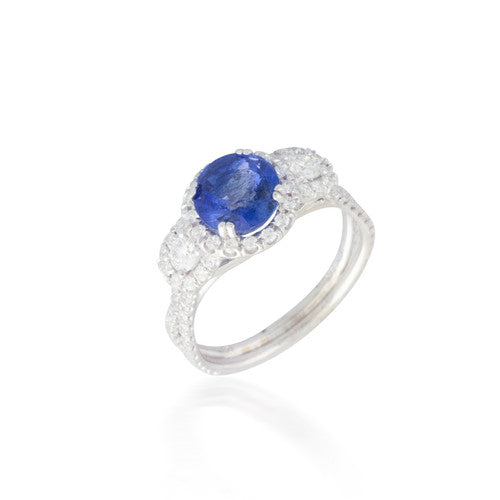 Round Sapphire Ring with Diamond Halos