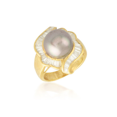 Pearl and Baguette Halo Ring