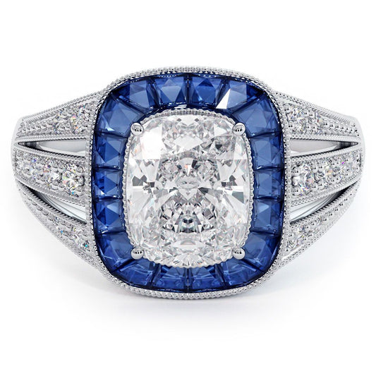 Elongated Cushion Halo Art Deco Sapphire & Diamond Engagement Ring Setting