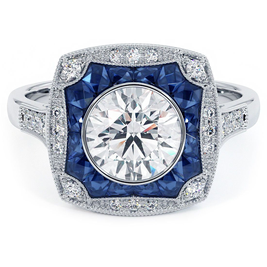 Cushion Halo Art Deco Sapphire & Diamond Engagement Ring Setting 3