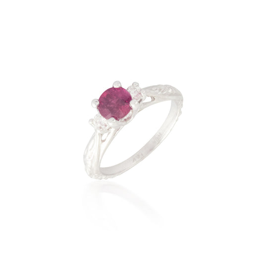 Three Stone Ruby and Diamond Engraved Ring